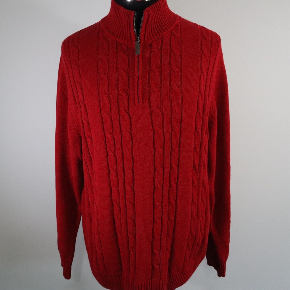 Haggar Sweater Mens Large 1/4‎ Zip Pullover Cable Knit Mock Neck Red Long Sleeve